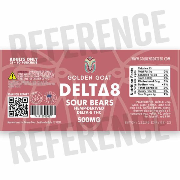 gg sb label ref lrz - <div> Our delicious delta-8 gummies are infused with 500mg of <a href="https://goldengoatcbd.com/your-master-guide-to-delta-8-thc-in-2021/" target="_blank" rel="noopener">Delta 8</a> THC* per jar and may provide a therapeutic, cannabis-like effect. Derived from legal hemp, delta-8 THC has been reported to provide a feeling of relaxation, increased appetite, and a sense of well-being.** Delta 8 products convert to potency through digestion, vaping, and smoking. <div style="font-size: 12px; margin-top: 2em;"><em>*This product contains a total delta-9 tetrahydrocannabinol concentration that does not exceed 0.3% on a dry-weight basis. **These statements have not been evaluated by the FDA. This product is not intended to diagnose, treat or cure any illness. Do not use this product if you are likely to take a test for THC. †Count is approximate. Results may vary. PLEASE SEE WARNINGS AND LEGALITIES BELOW</em></div> <div style="font-size: 12px; margin-top: 3em;"> <h5>WARNING:</h5> <em>USE RESPONSIBLY. DO NOT DRIVE OR OPERATE ANY MACHINERY WHILE USING THIS PRODUCT. DO NOT TAKE MORE THAN THE AMOUNT RECOMMENDED BY YOUR DOCTOR.</em> Consult a physician before using this product. Do not use if pregnant, nursing, or if you have any diagnosed or undiagnosed health conditions. Must be 21 years or older to purchase or use. Delta 8 may affect blood pressure, heart rate, and/or intraocular pressure in some people. If you have any known or unknown heart, blood pressure, eye, eye pressure, or similar/related issues, do not use this product unless recommended by a doctor. <h5>LEGALITIES:</h5> <a href="https://www.congress.gov/bill/117th-congress/senate-bill/1005/text?q=%7B%22search%22%3A%5B%22Hemp-derived+Delta+8%22%5D%7D&r=3&s=1" target="_blank" rel="noopener">Hemp-derived Delta 8</a> is legal according to federal law and many state laws. Our Delta 8 extract is 100% derived from legal hemp and does not contain more than 0.3% delta 9 THC. However, we do not guarantee that this product is legal in your state or territory and it is up to you to determine that. Golden Goat retains the right to not ship to any states or territories where local laws conflict with the 2018 Farm Bill. Golden Goat is not responsible for knowing whether this product is legal in your state or territory and you assume full responsibility for all parts pertaining to your purchase. <span style="font-size: 1.3em; color: red;"><strong>Sorry, we do NOT ship Delta 8 products to the following states: Alaska, Arizona, Arkansas, Delaware, Idaho, Iowa, Kentucky, Mississippi, Montana, Nebraska, Nevada, and Utah.</strong></span> </div> </div>