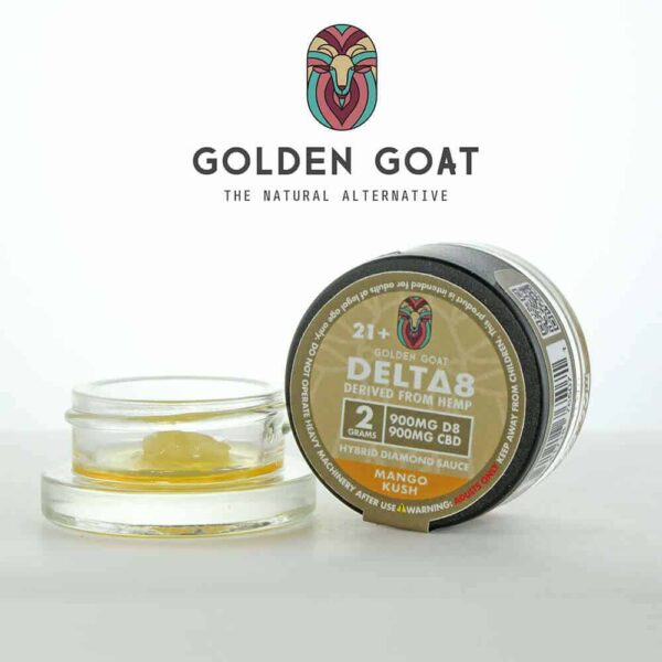 GG D8 WAX 3 Varieties mango open 1 - Golden Goat Delta 8 Diamond Sauce is one of our highest concentrations of pure <a href="https://goldengoatcbd.com/product/delta-8-flower/" target="_blank" rel="noopener">Delta-8 THC</a>.* Our Mango Kush variety offers a combination of Mango Kush terpenes and a one-to-one ratio of Delta-8 and CBD, totaling 1800mg of natural cannabinoids. The Delta-8 in our sauce takes the form of highly concentrated “diamonds” in a rich terpene resin and can be vaped or smoked. Derived from legal hemp, Delta-8 THC has been reported to provide a feeling of relaxation, increased appetite, and a sense of well-being.** Delta 8 products convert to potency through digestion, vaping, and smoking. <div style="font-size: 12px;"><em>*This product contains a total <a href="https://www.wikiwand.com/en/Tetrahydrocannabinol" target="_blank" rel="noopener">delta-9 tetrahydrocannabinol</a> concentration that does not exceed 0.3% on a dry-weight basis. Do not use if you are pregnant or may become pregnant, lactating, suffering from a medical condition[s], or taking other medication[s]. Consult a licensed healthcare professional if breastfeeding. Keep out of reach of children and animals. This product can impair your ability to drive a vehicle or operate machinery. **These statements have not been evaluated by the FDA. This product is not intended to diagnose, treat or cure any illness. Do not use this product if you are likely to take a test for THC. †Count is approximate. Results may vary. PLEASE SEE WARNINGS AND LEGALITIES BELOW</em> <span style="font-size: 1.3em; color: red;"><strong>Sorry, we do NOT ship Delta 8 products to the following states: Alaska, Arizona, Arkansas, Delaware, Idaho, Iowa, Kentucky, Mississippi, Montana, Nebraska, Nevada, and Utah.</strong></span></div>