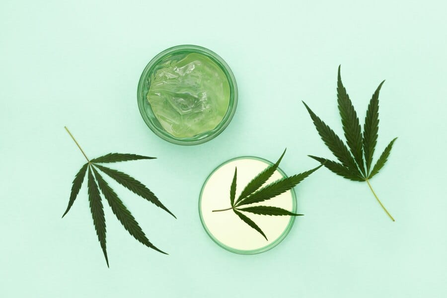 Cosmetics Based Cannabis Jar with Cream Gel and Natural Leaf Cannabis