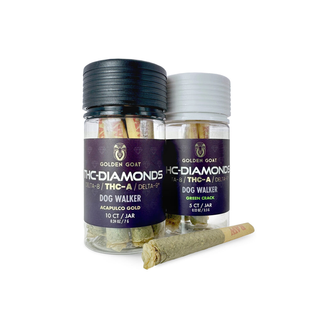 Dog Walkers Pre Rolls with THC-Diamonds made from Delta-8 hemp flower, smooth and potent prerolls for on-the-go relaxation.
